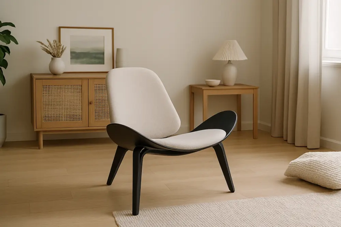 Designstoel in een moderne woonkamer in Goes, onaangeraakt en omringd door minimalistische decoratie